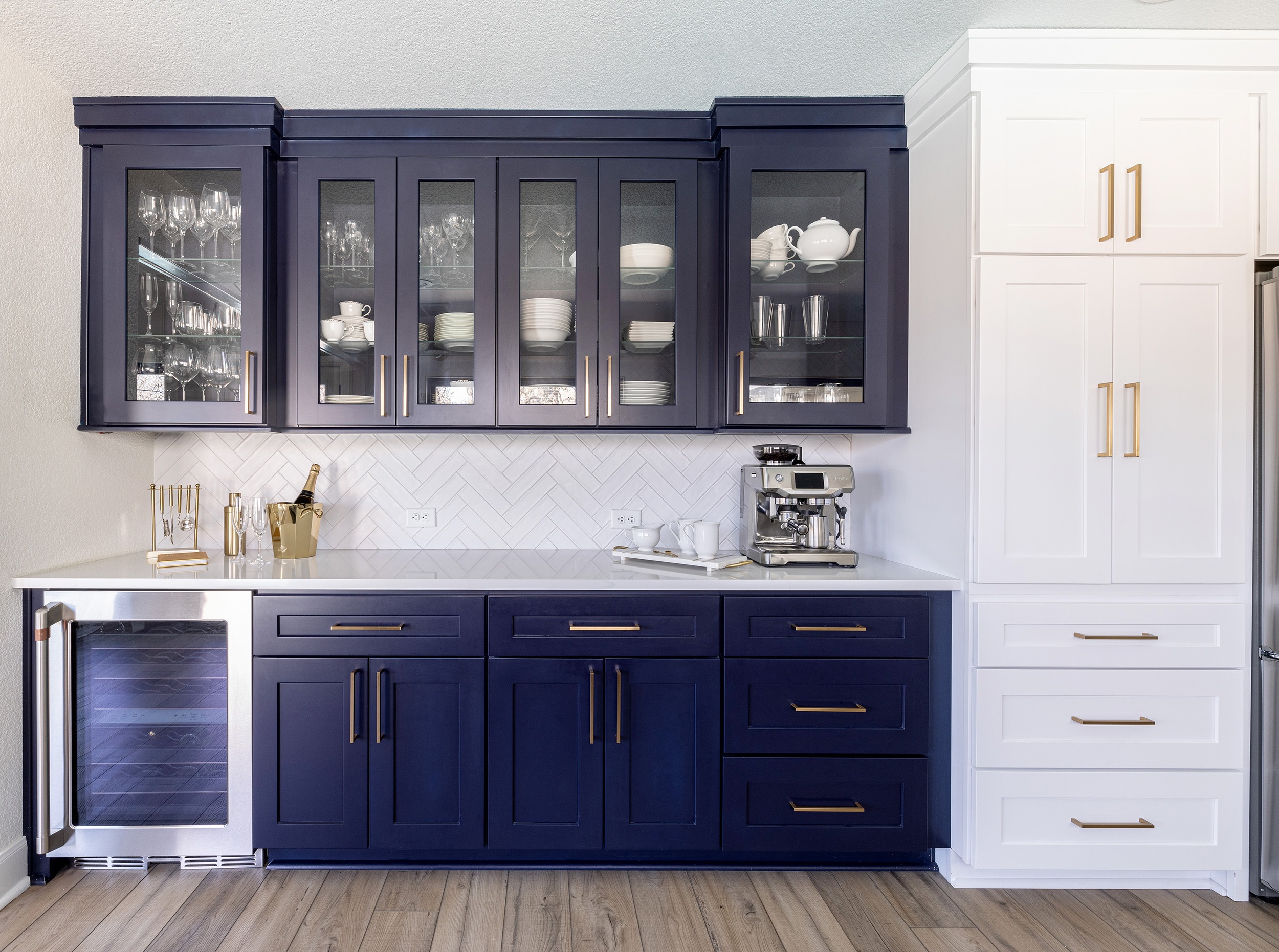 Guerin_Kitchen renovation custom cabinetry with white and blue contrast in custom paint in Trophy Club Texas