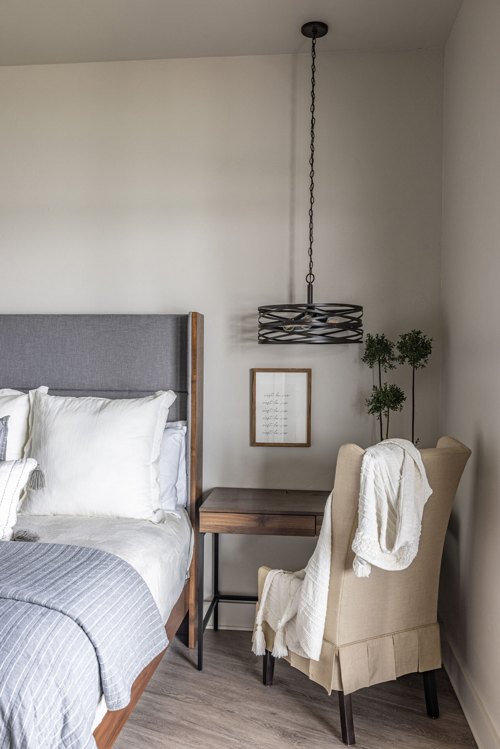 Lake house_Guest room nook with working desk and inviting lighting in second home vacation property in Possum Kingdom Lake Texas